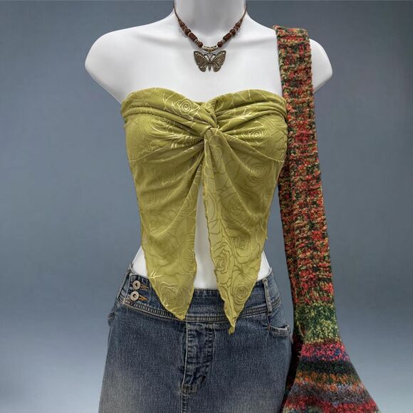 Fairycore Rose Mesh Tube Top XS Strapless Lace Twist Front Romantic - Picture 1 of 8